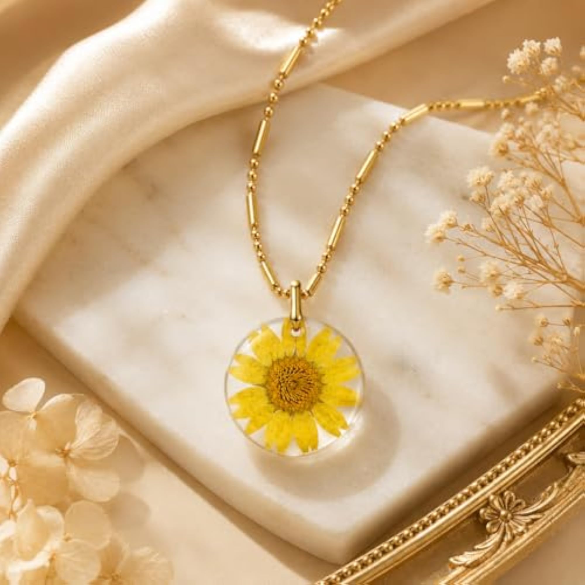Real Dried Yellow Flower Resin Pendant Necklace, Nature Inspired